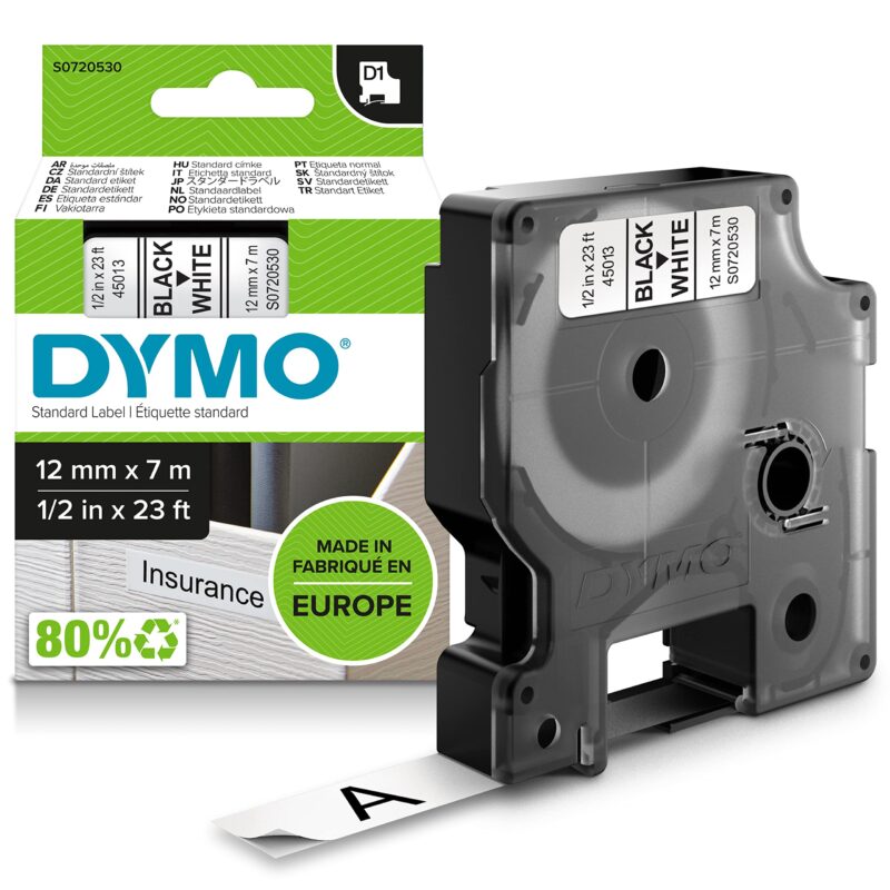 DYMO TAPE 12MM BLK/WHITE 45013